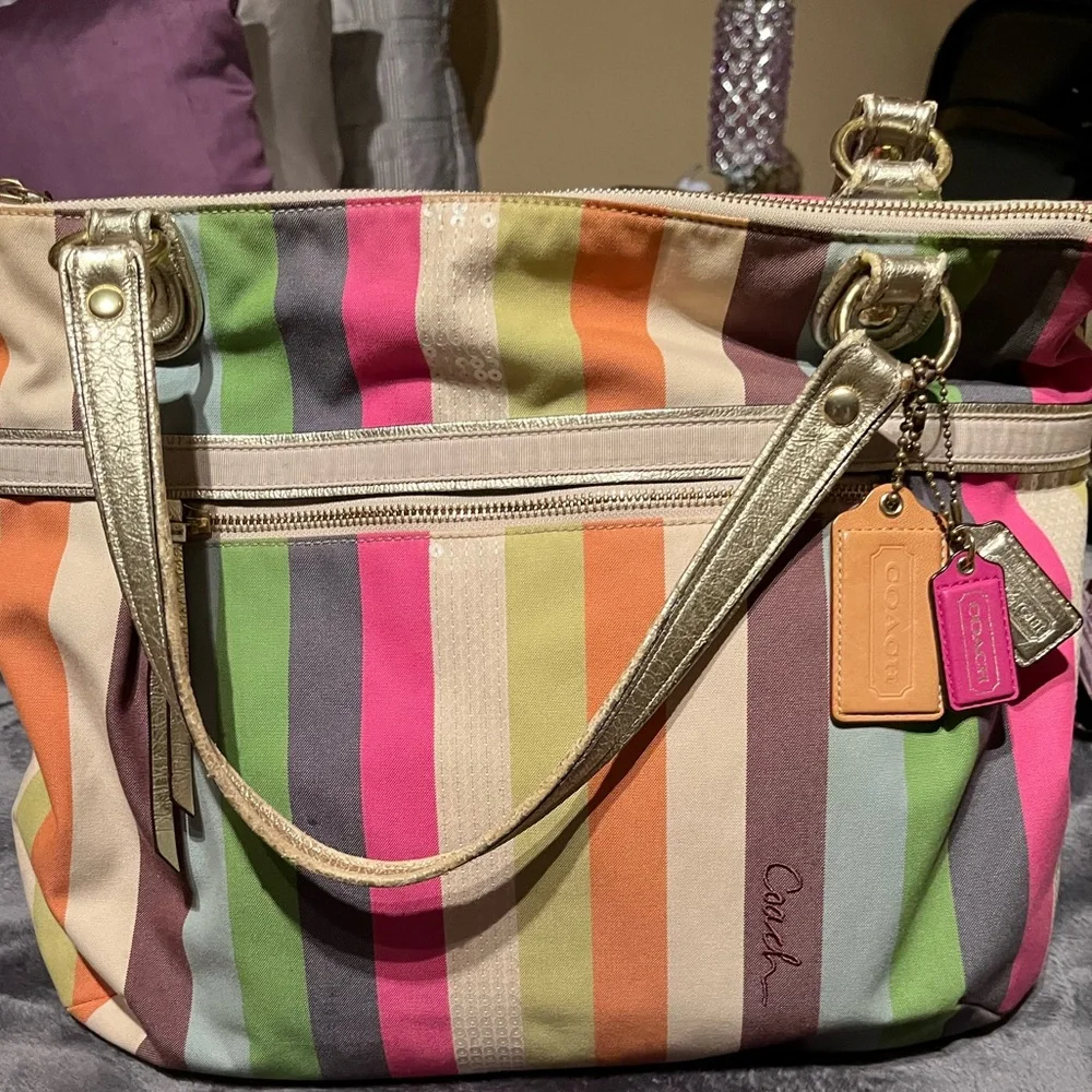 Coach Poppy Legacy Multicolor Striped Glam Bag with Sequins and Gold handles - Picture 1 of 11